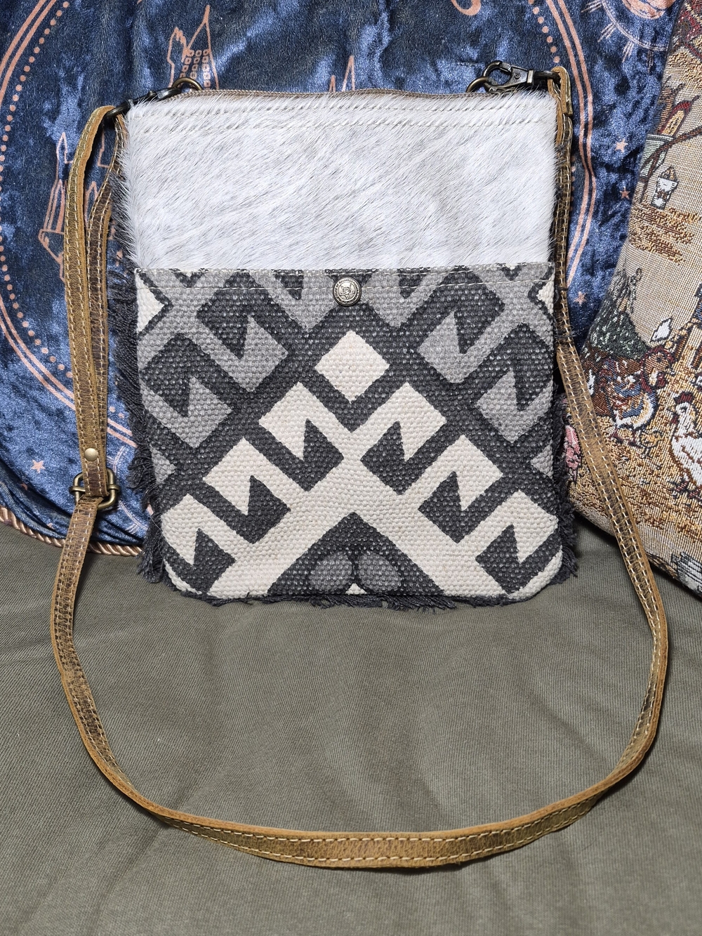 Myra Bag Black & White Geometric Haircalf Crossbody with Tan Strap